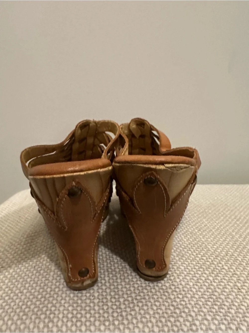Bed Stu Cobbler Series Gina Wedge Sandals Heels Size 6 Tan Brown Leather Strappy